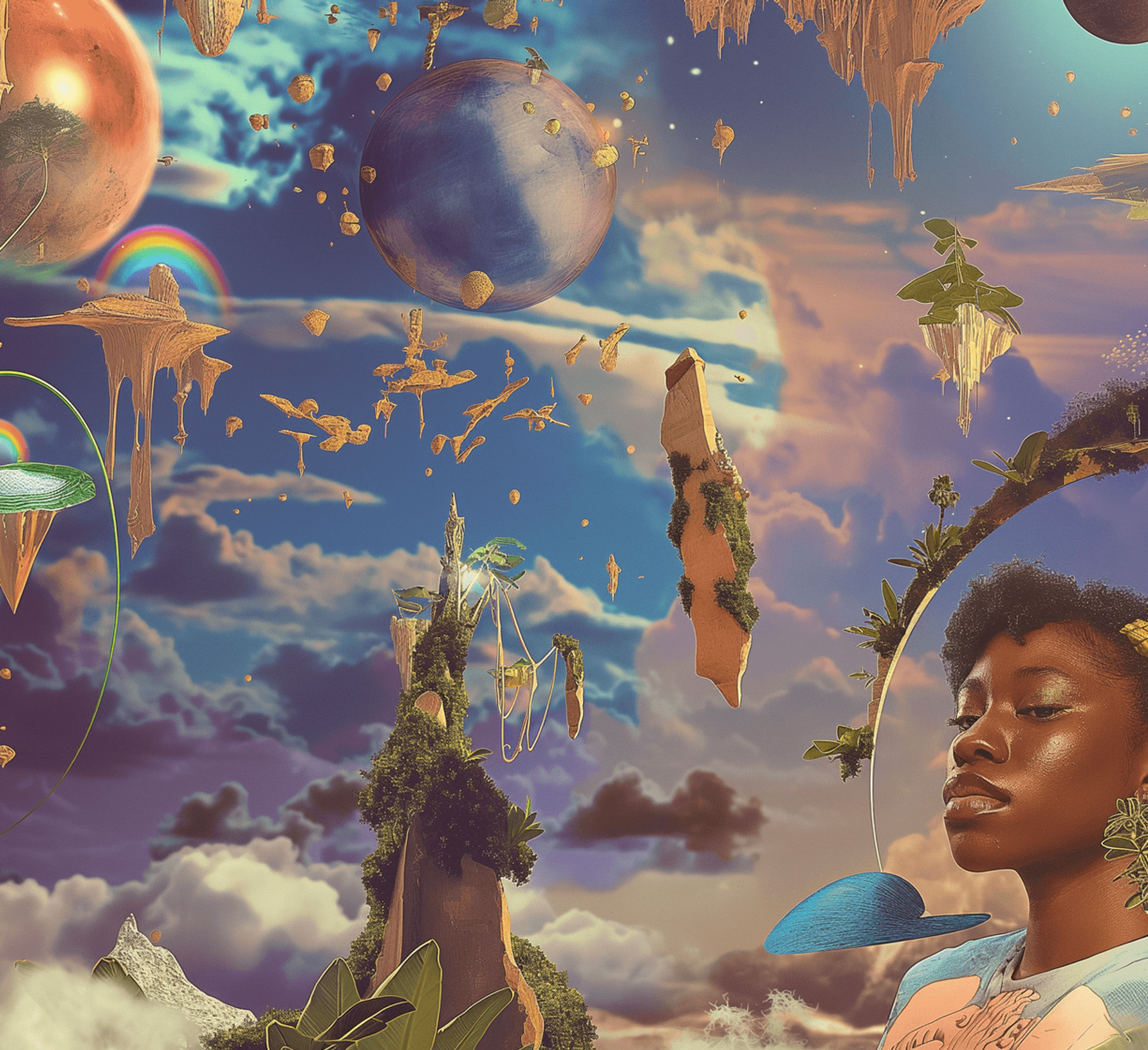 A surreal digital art piece featuring an African teenager in the center, surrounded by flo