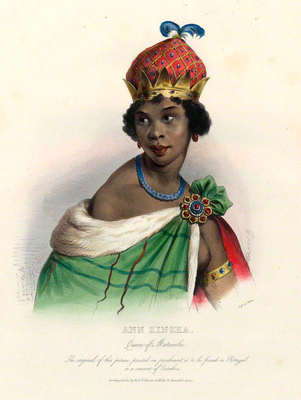 Hand colored lithograph of the woman known as 'Queen Ginga' in Portugal. Her name was Nzinga Mbande, although her name when converting to Christianity was 'Ana de Sousa'. Drawing from the collection of the National Portrait Gallery in London.